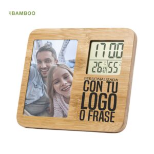 ortafotos de bambú con reloj termómetro e higrómetro personalizado