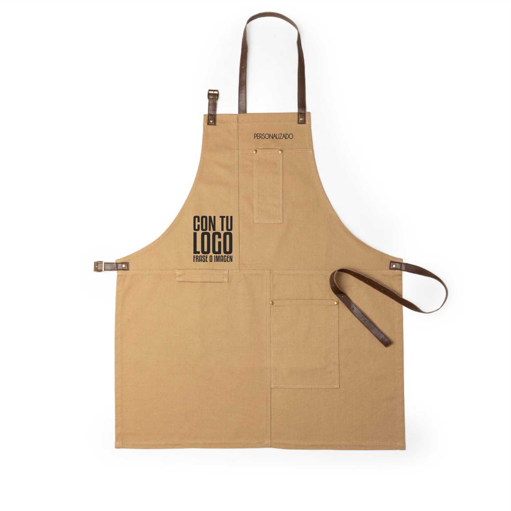 Delantal profesional canvas personalizado con detalles en polipiel y bolsillos