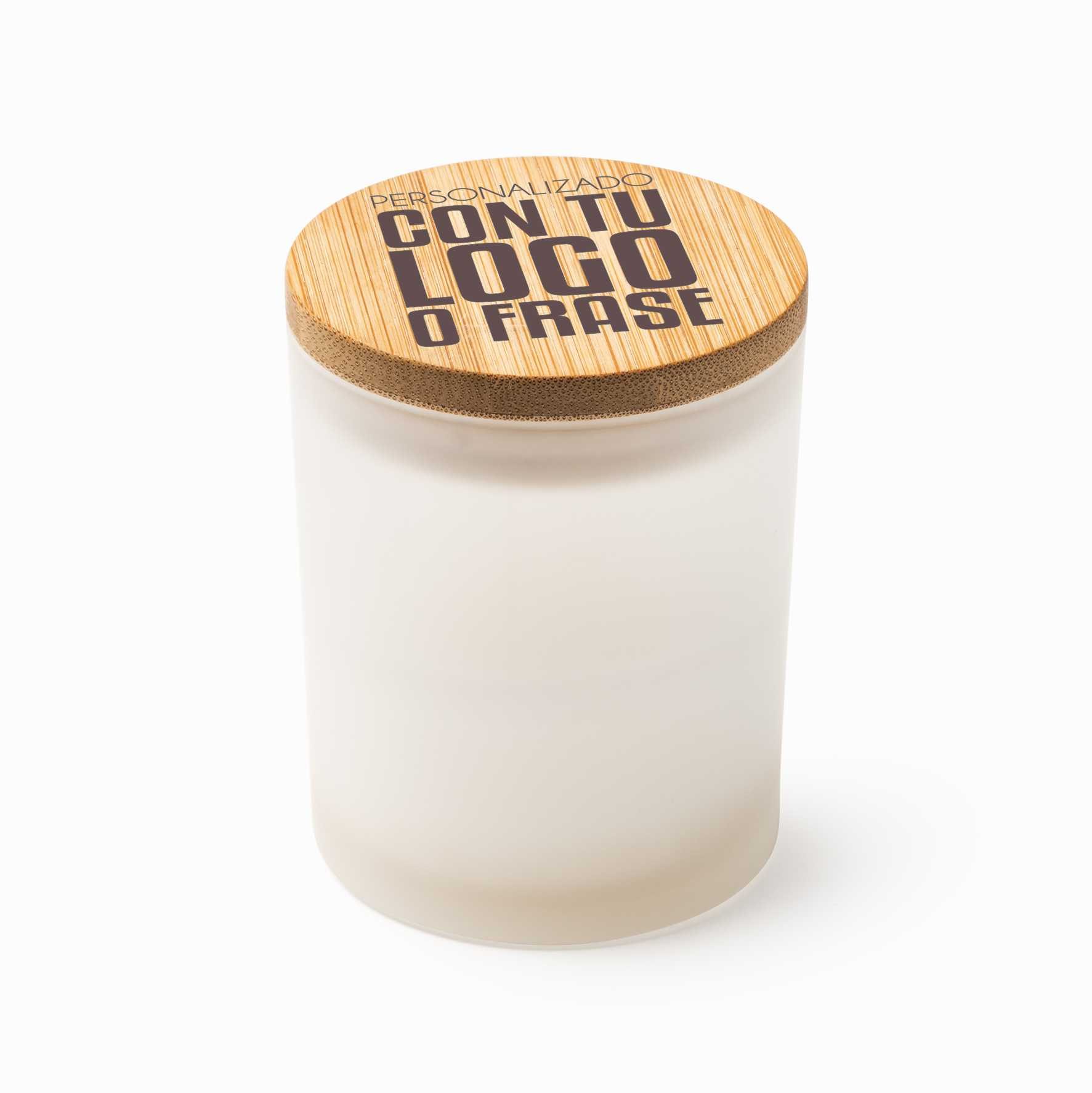 Vela aromática de vainilla en cristal con tapa de bambú personalizada | Vela eco elegante