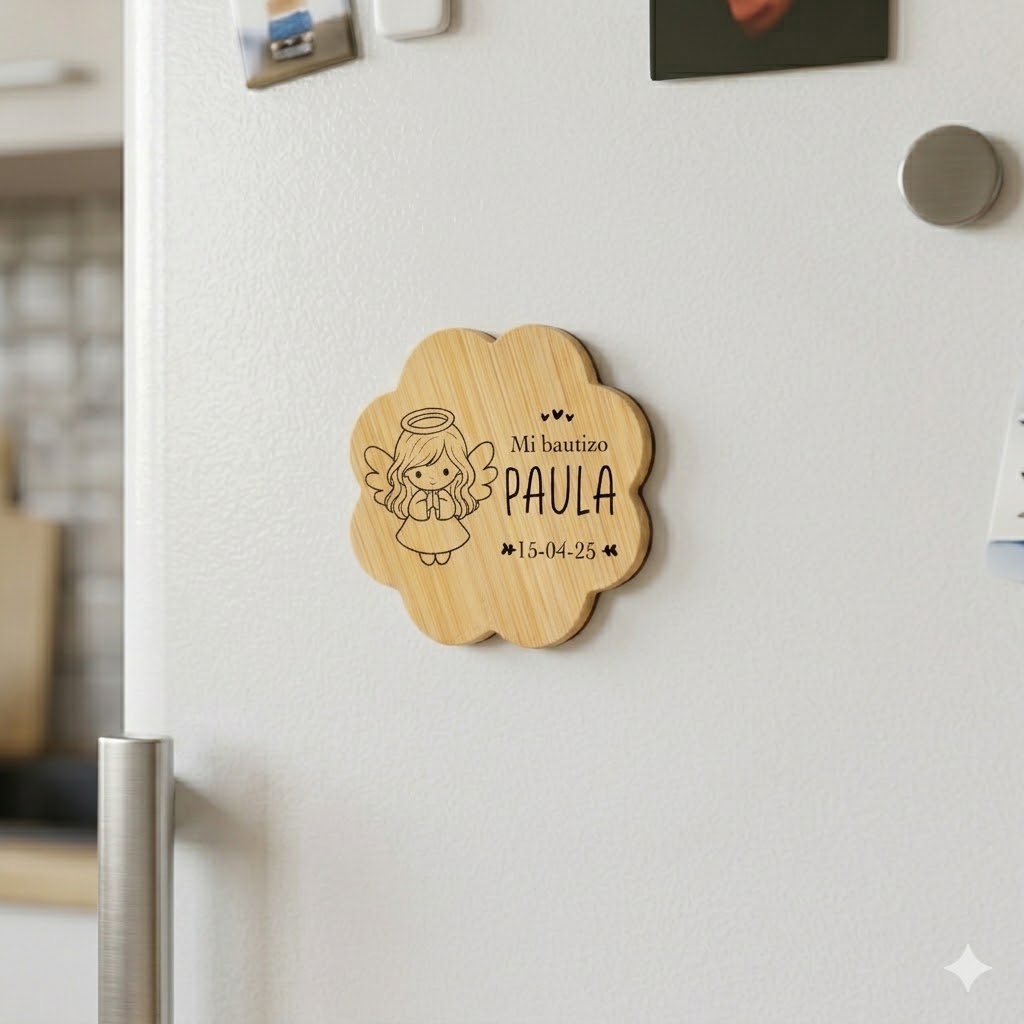 Abridor Magnético de Bambú Personalizado para bautizo