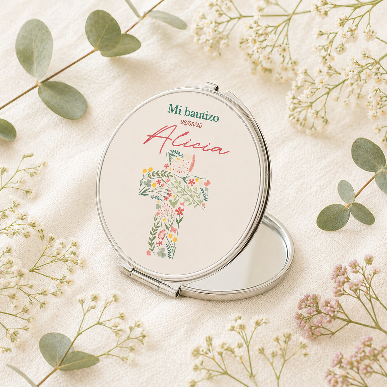 espejo de metal persnalizado para bautizo