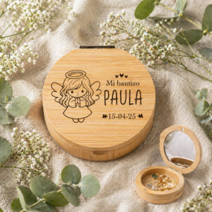 Joyero de bambú personalizado con espejo para bautizo