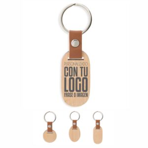 Llavero de madera con cinta de polipiel personalizado