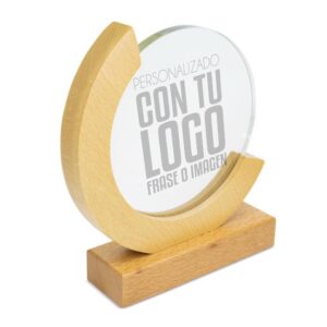 trofeo globo de madera y cristal redondo personalizado con grabado láser