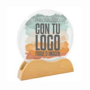 trofeo redondo de madera y cristal personalizado por sublimación con estuche de lujo