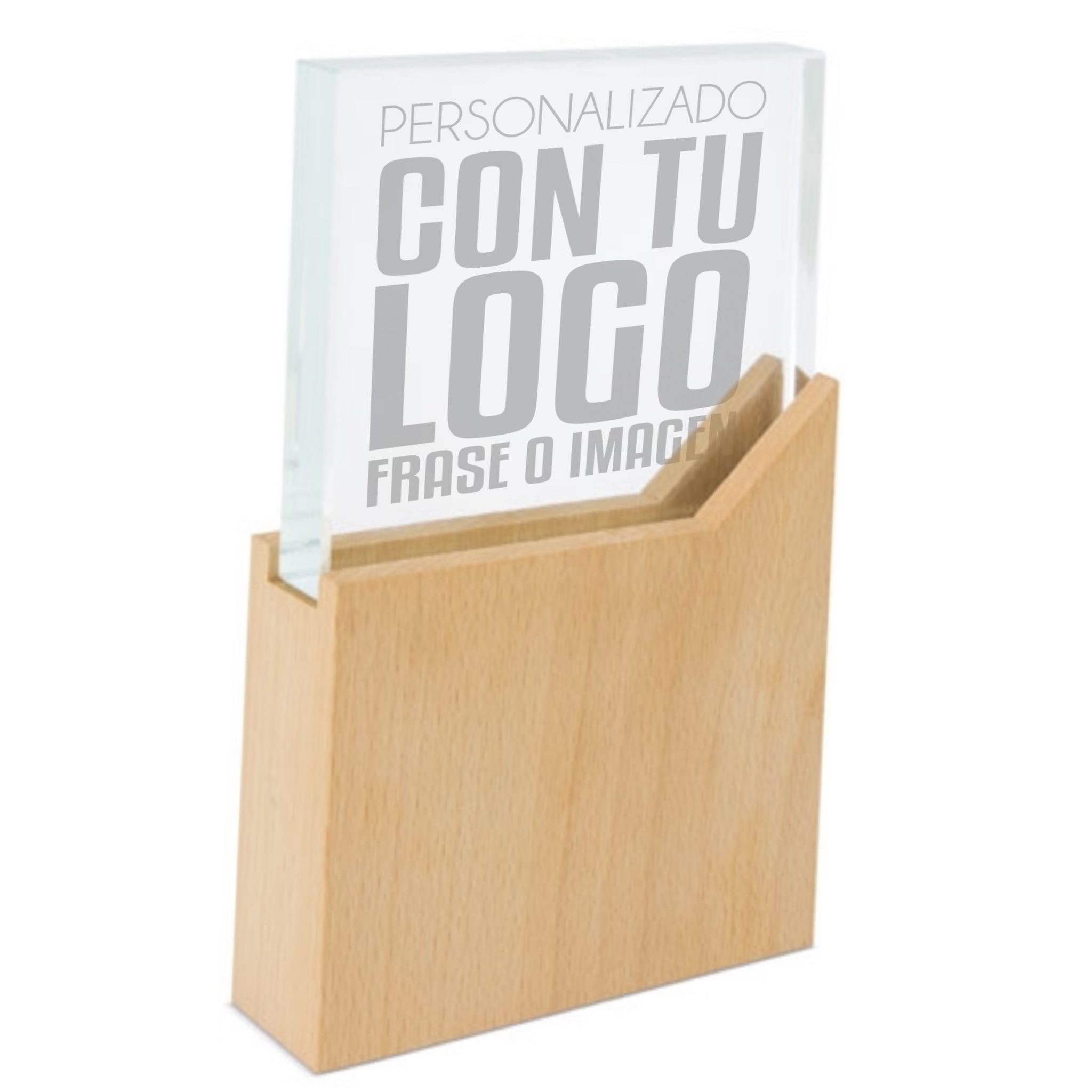 trofeo vertical de madera y cristal personalizado con grabado láser
