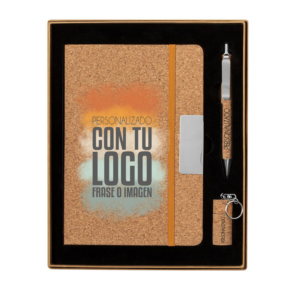 Set personalizado de bloc de notas, bolígrafo y memoria USB de corcho en estuche kraft ideal para empresas y regalos corporativos ecológicos