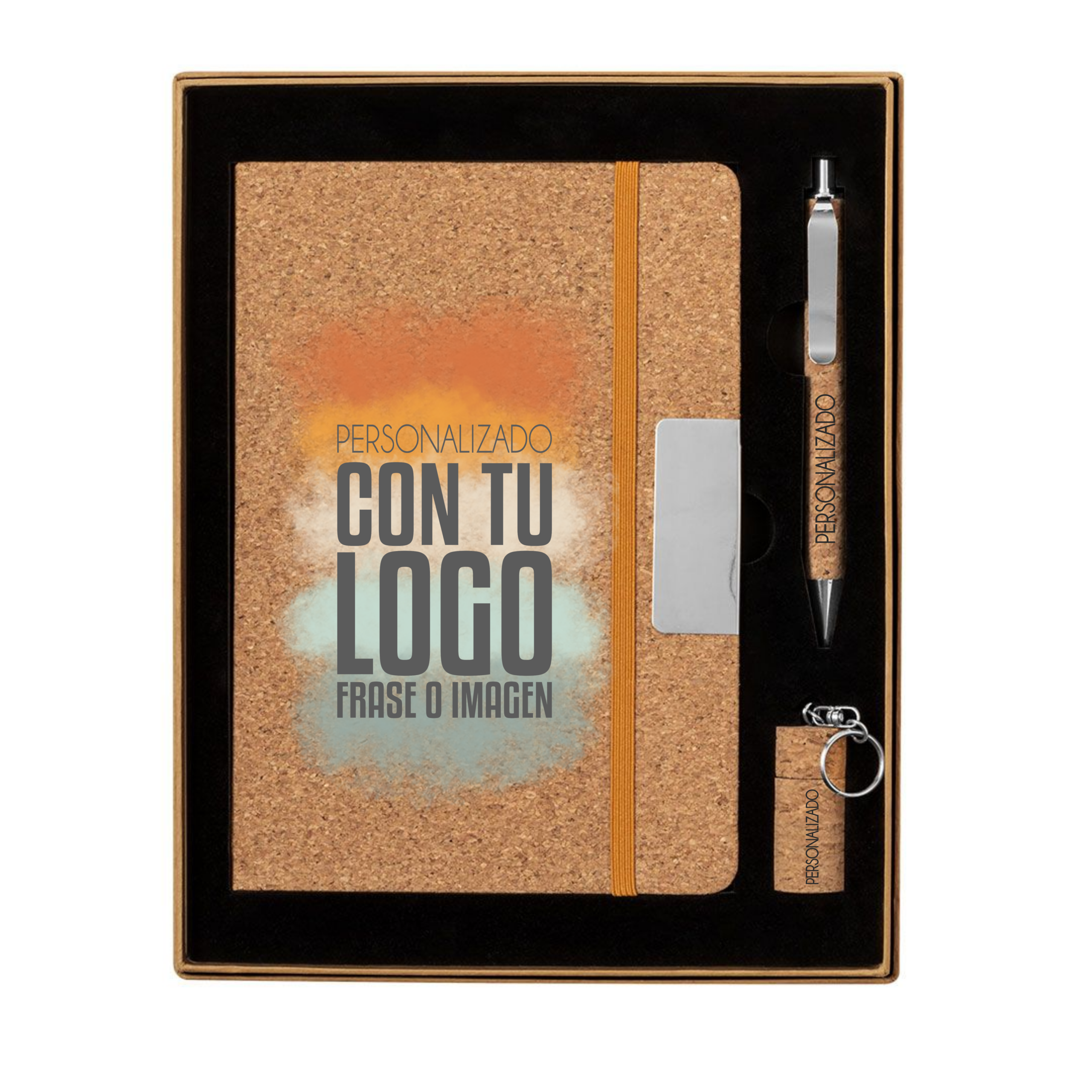Set personalizado de bloc de notas, bolígrafo y memoria USB de corcho en estuche kraft ideal para empresas y regalos corporativos ecológicos